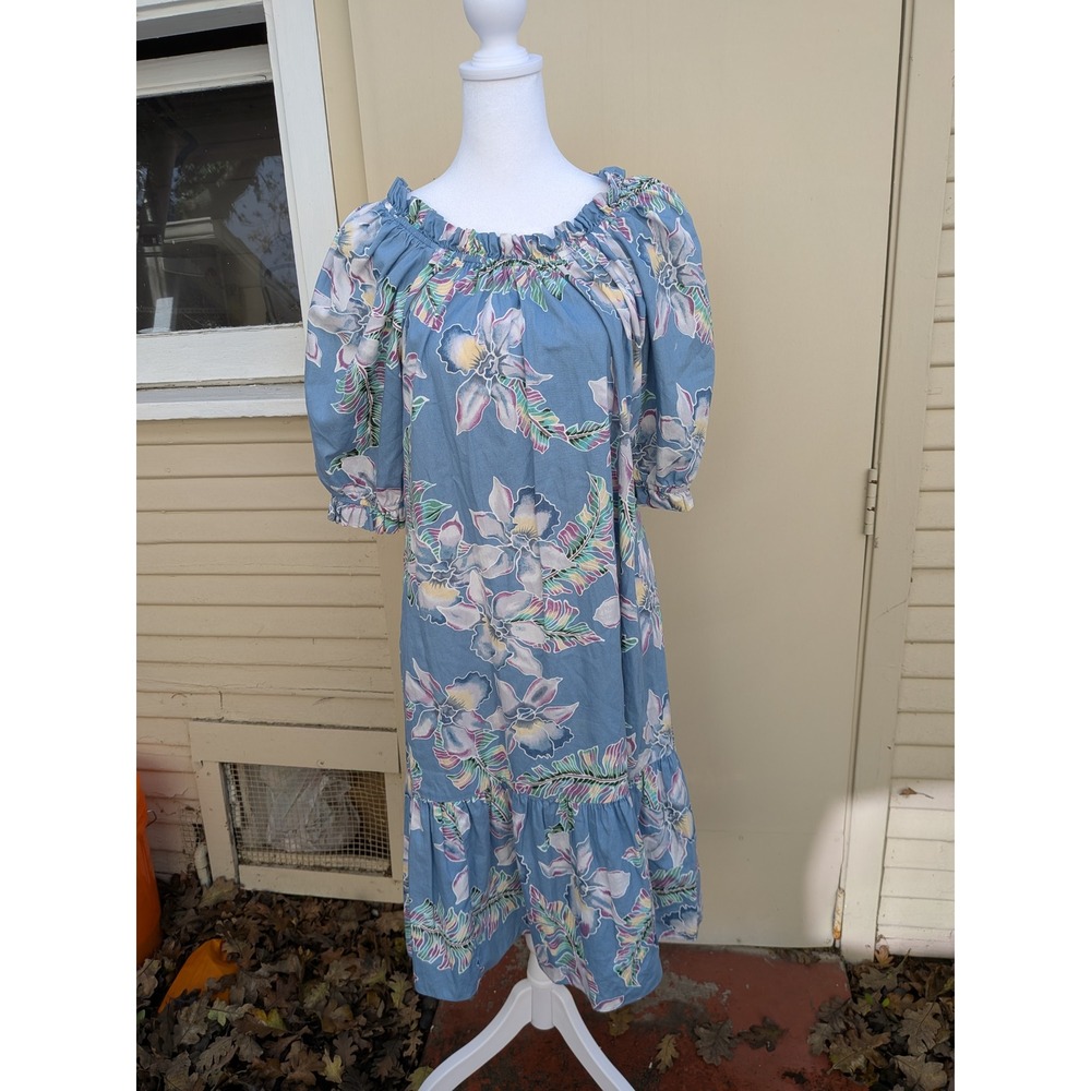 Hilo Hattie Hawaiian Mumu‎ Dress Blue Floral Print Midi Size Medium